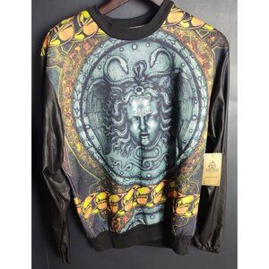 Men's Medusa Print Sweater with Faux Leather Sleeves – Graphic Pullover